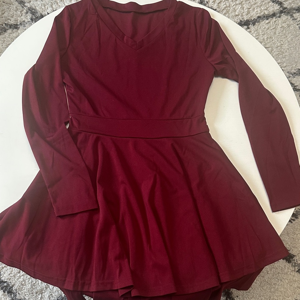 Long-Sleeve Burgundy Skater Dress